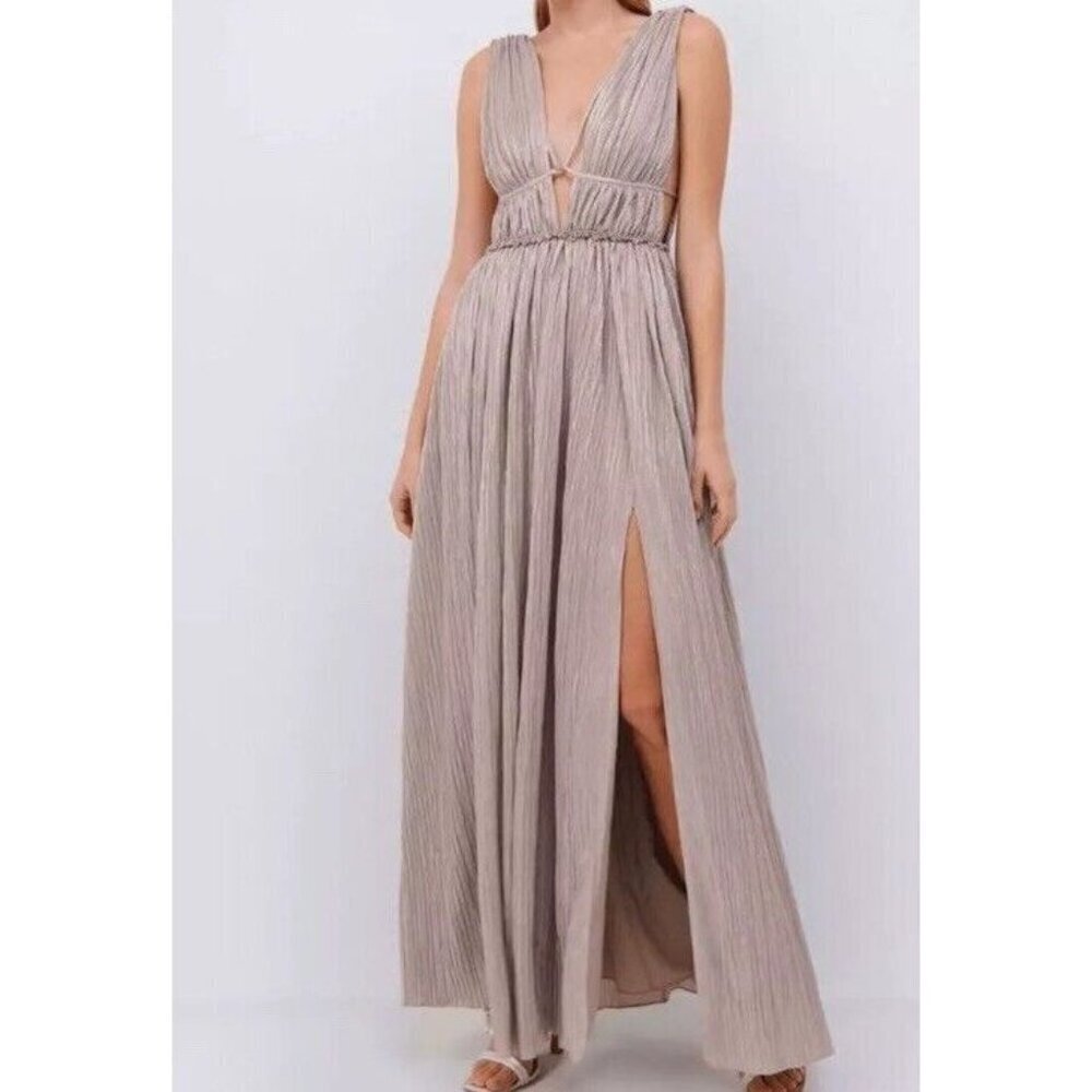 Jonathan Simkhai sz XS Dress Plisse Lame Grecian Goddess Gown Champagne luxury